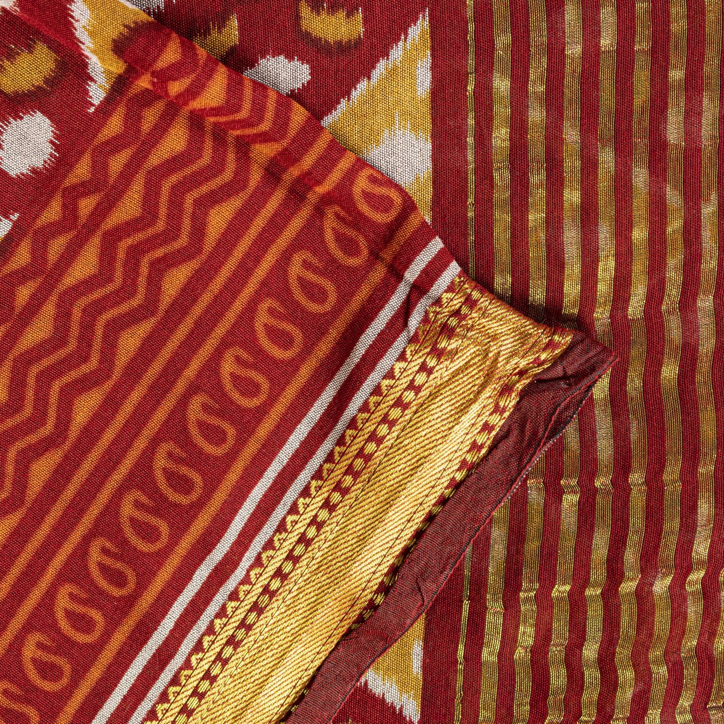 Sanskriti Vintage Saree Red Blend Cotton Geometric Ikat Print-Woven Sari Fabric