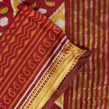 Sanskriti Vintage Saree Red Blend Cotton Geometric Ikat Print-Woven Sari Fabric