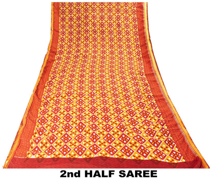 Sanskriti Vintage Saree Red Blend Cotton Geometric Ikat Print-Woven Sari Fabric