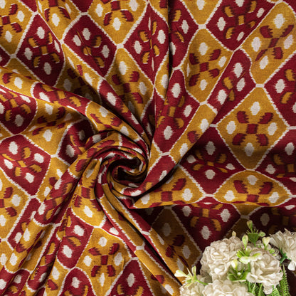 Sanskriti Vintage Saree Red Blend Cotton Geometric Ikat Print-Woven Sari Fabric