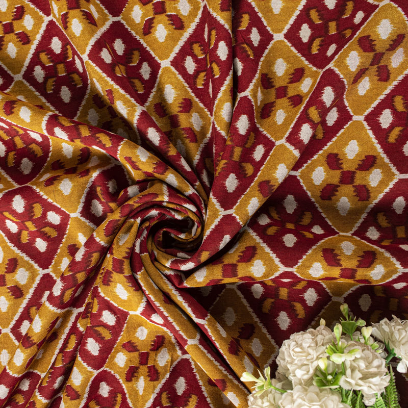 Sanskriti Vintage Saree Red Blend Cotton Geometric Ikat Print-Woven Sari Fabric
