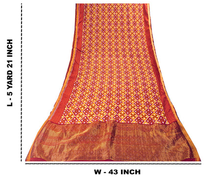 Sanskriti Vintage Saree Red Blend Cotton Geometric Ikat Print-Woven Sari Fabric