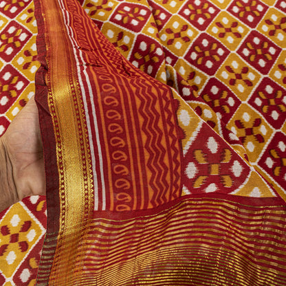 Sanskriti Vintage Saree Red Blend Cotton Geometric Ikat Print-Woven Sari Fabric