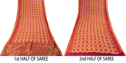 Sanskriti Vintage Saree Red Blend Cotton Geometric Ikat Print-Woven Sari Fabric