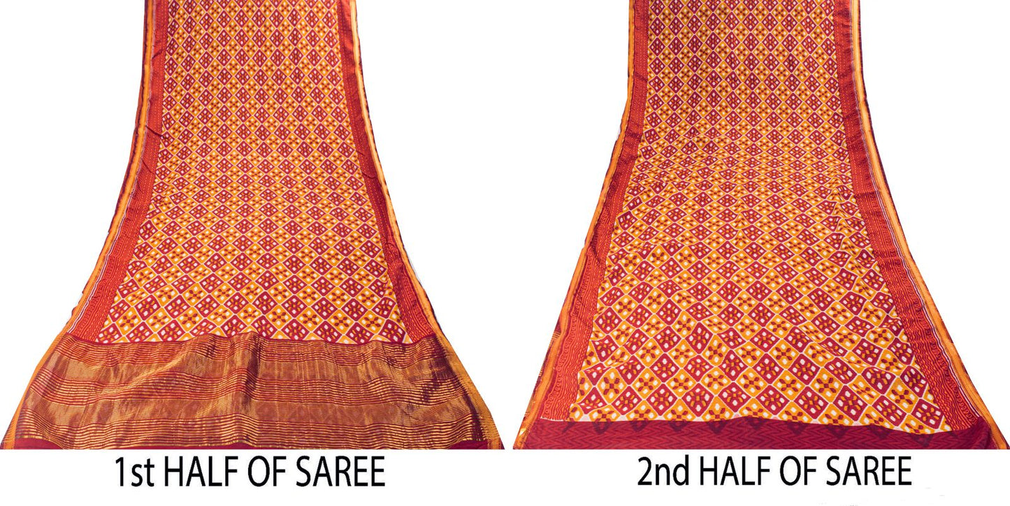 Sanskriti Vintage Saree Red Blend Cotton Geometric Ikat Print-Woven Sari Fabric