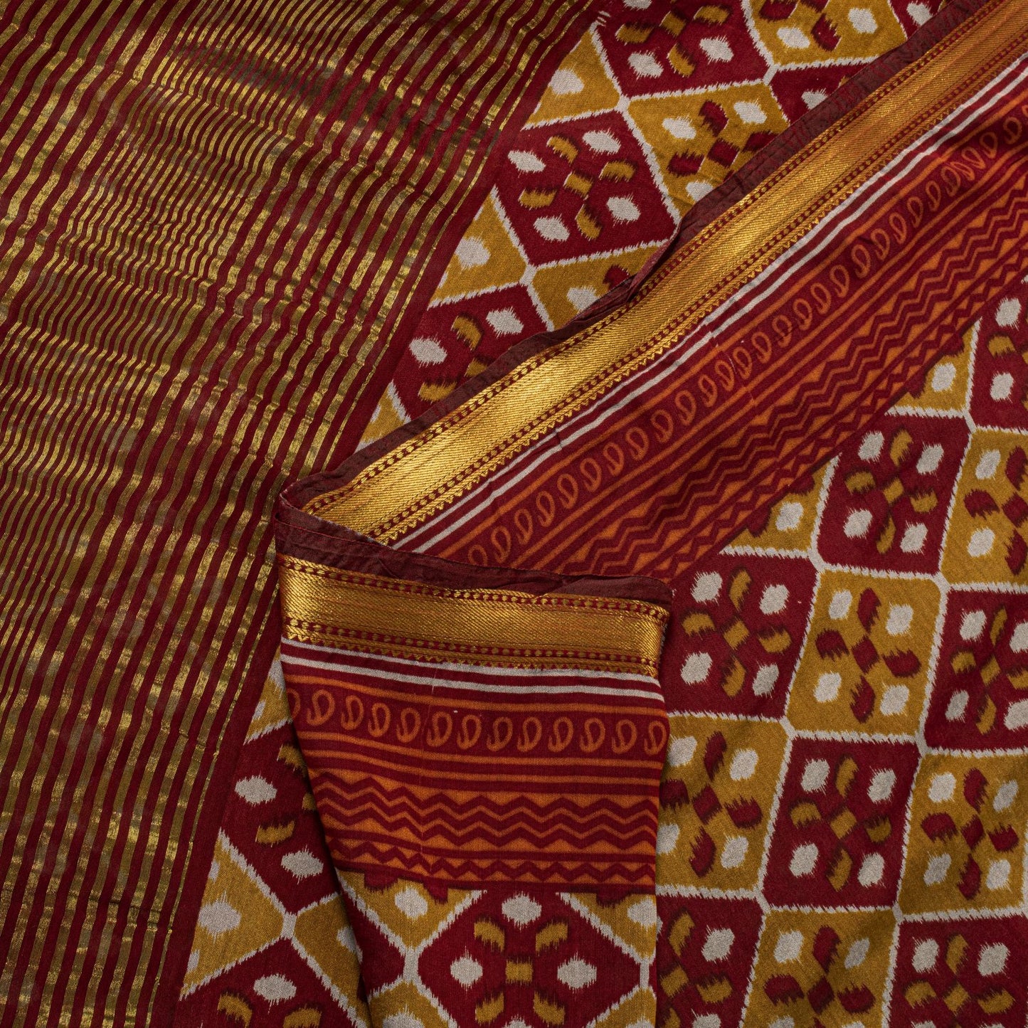 Sanskriti Vintage Saree Red Blend Cotton Geometric Ikat Print-Woven Sari Fabric