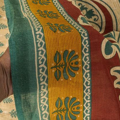 Sanskriti Vintage Saree Cream Pure Cotton Block Printed Sari 5.5+YD Craft Fabric