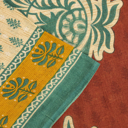 Sanskriti Vintage Saree Cream Pure Cotton Block Printed Sari 5.5+YD Craft Fabric