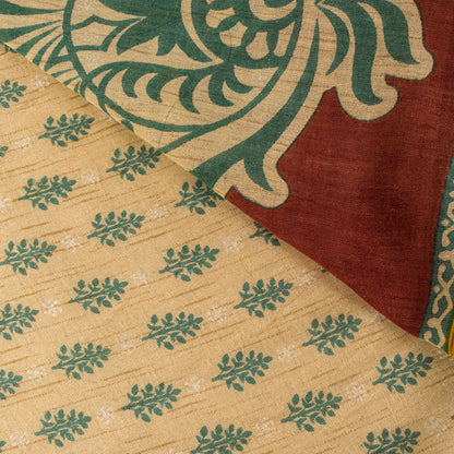Sanskriti Vintage Saree Cream Pure Cotton Block Printed Sari 5.5+YD Craft Fabric