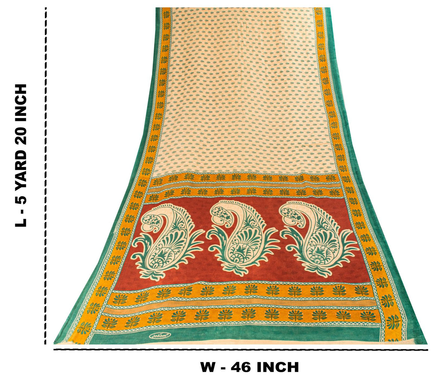 Sanskriti Vintage Saree Cream Pure Cotton Block Printed Sari 5.5+YD Craft Fabric