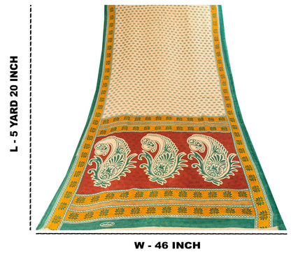 Sanskriti Vintage Saree Cream Pure Cotton Block Printed Sari 5.5+YD Craft Fabric