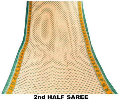 Sanskriti Vintage Saree Cream Pure Cotton Block Printed Sari 5.5+YD Craft Fabric