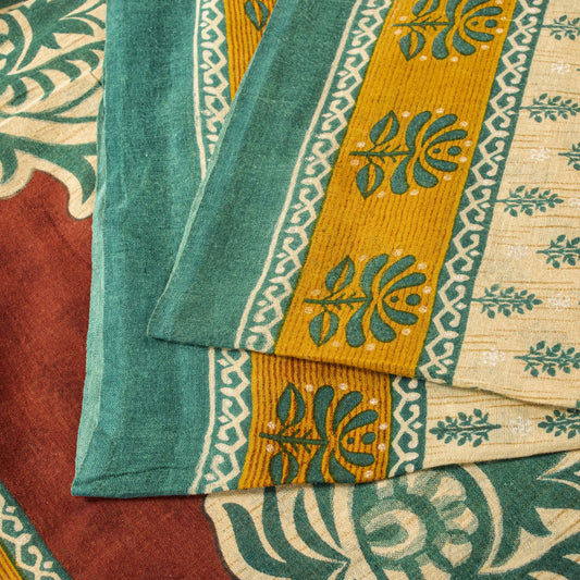 Sanskriti Vintage Saree Cream Pure Cotton Block Printed Sari 5.5+YD Craft Fabric