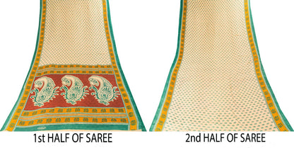 Sanskriti Vintage Saree Cream Pure Cotton Block Printed Sari 5.5+YD Craft Fabric