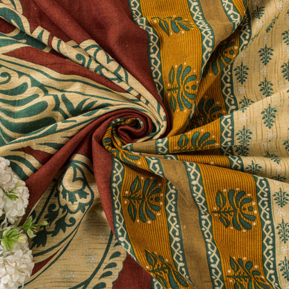 Sanskriti Vintage Saree Cream Pure Cotton Block Printed Sari 5.5+YD Craft Fabric