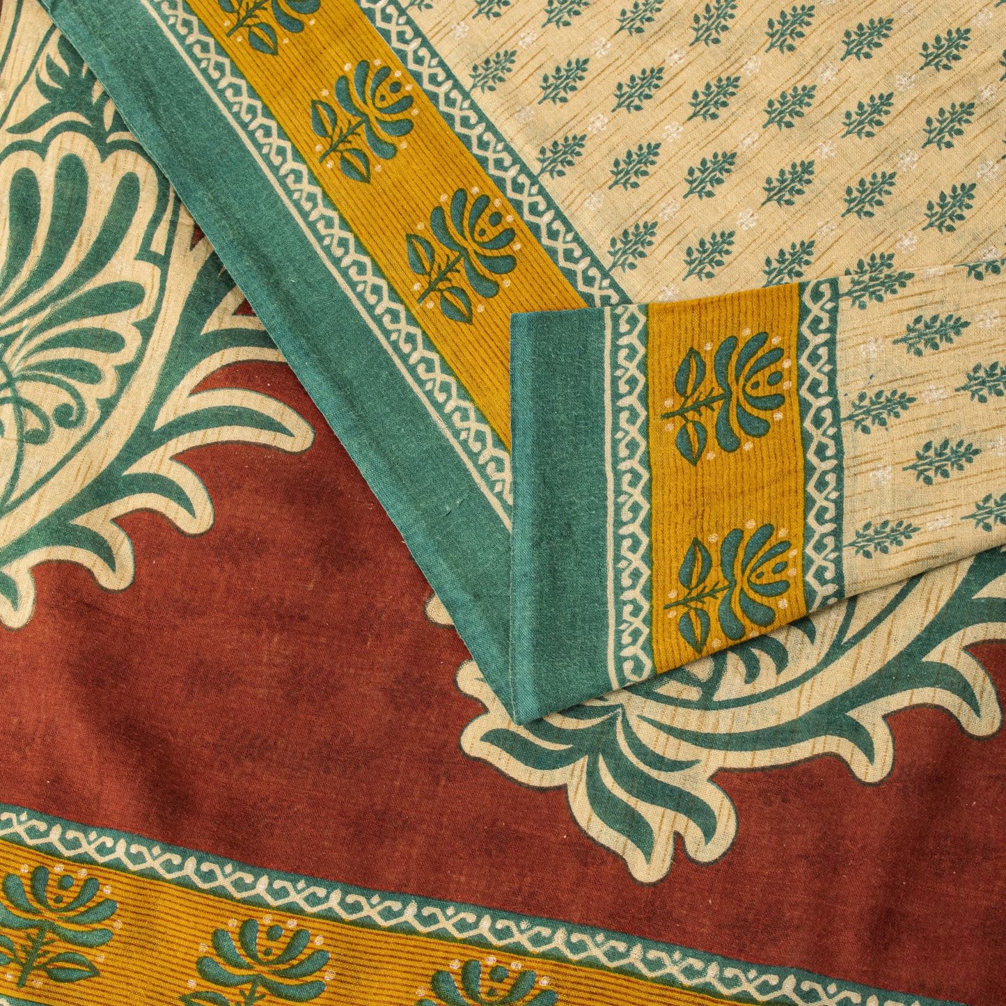 Sanskriti Vintage Saree Cream Pure Cotton Block Printed Sari 5.5+YD Craft Fabric