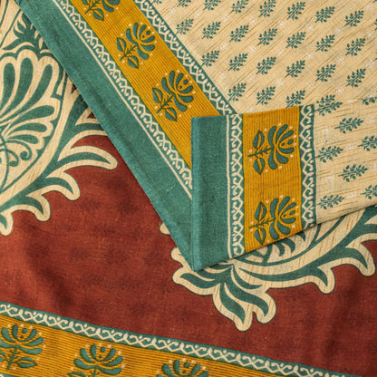 Sanskriti Vintage Saree Cream Pure Cotton Block Printed Sari 5.5+YD Craft Fabric
