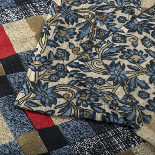 Sanskriti Vintage Saree Multicolor 100% Pure Cotton Geometric Print Sari 5+Yard Craft Fabric