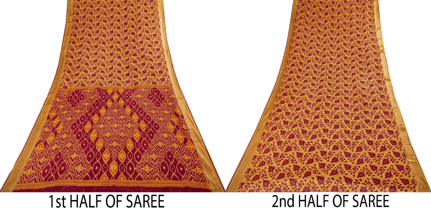 Sanskriti Vintage Saree Brown-Wine Pure Cotton Ikat Kantha Printed Sari Fabric