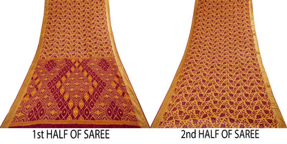 Sanskriti Vintage Saree Brown-Wine Pure Cotton Ikat Kantha Printed Sari Fabric