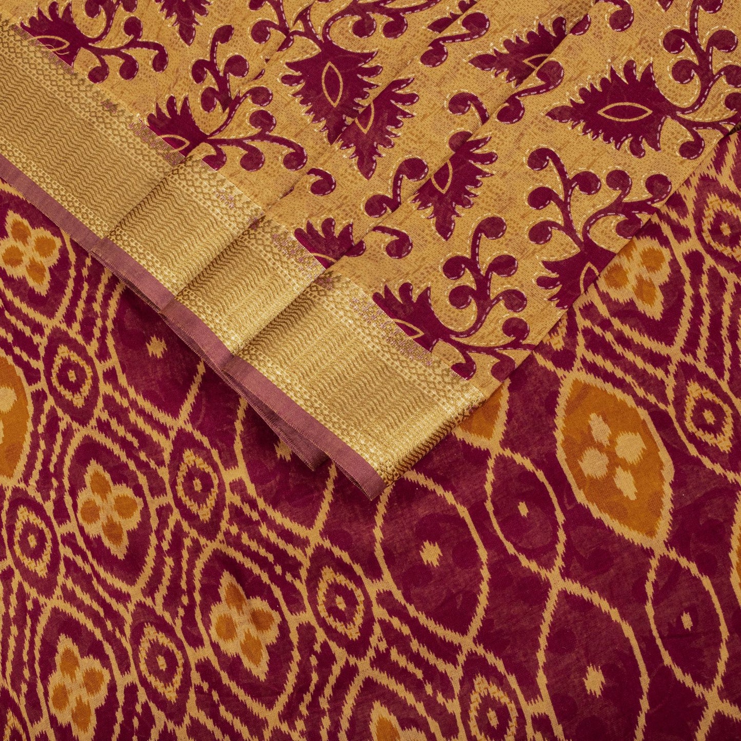 Sanskriti Vintage Saree Brown-Wine Pure Cotton Ikat Kantha Printed Sari Fabric