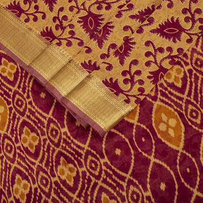 Sanskriti Vintage Saree Brown-Wine Pure Cotton Ikat Kantha Printed Sari Fabric