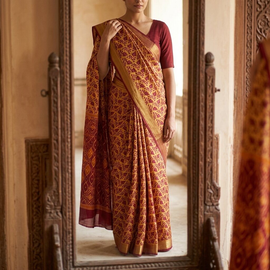 Sanskriti Vintage Saree Brown-Wine Pure Cotton Ikat Kantha Printed Sari Fabric