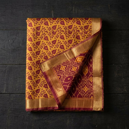 Sanskriti Vintage Saree Brown-Wine Pure Cotton Ikat Kantha Printed Sari Fabric