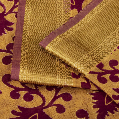 Sanskriti Vintage Saree Brown-Wine Pure Cotton Ikat Kantha Printed Sari Fabric