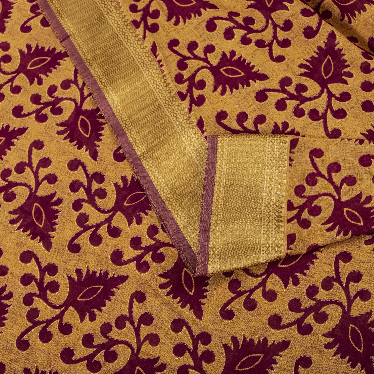 Sanskriti Vintage Saree Brown-Wine Pure Cotton Ikat Kantha Printed Sari Fabric