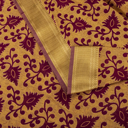 Sanskriti Vintage Saree Brown-Wine Pure Cotton Ikat Kantha Printed Sari Fabric