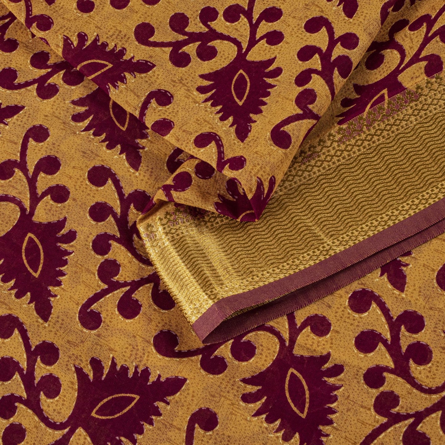 Sanskriti Vintage Saree Brown-Wine Pure Cotton Ikat Kantha Printed Sari Fabric