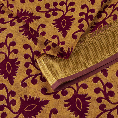 Sanskriti Vintage Saree Brown-Wine Pure Cotton Ikat Kantha Printed Sari Fabric