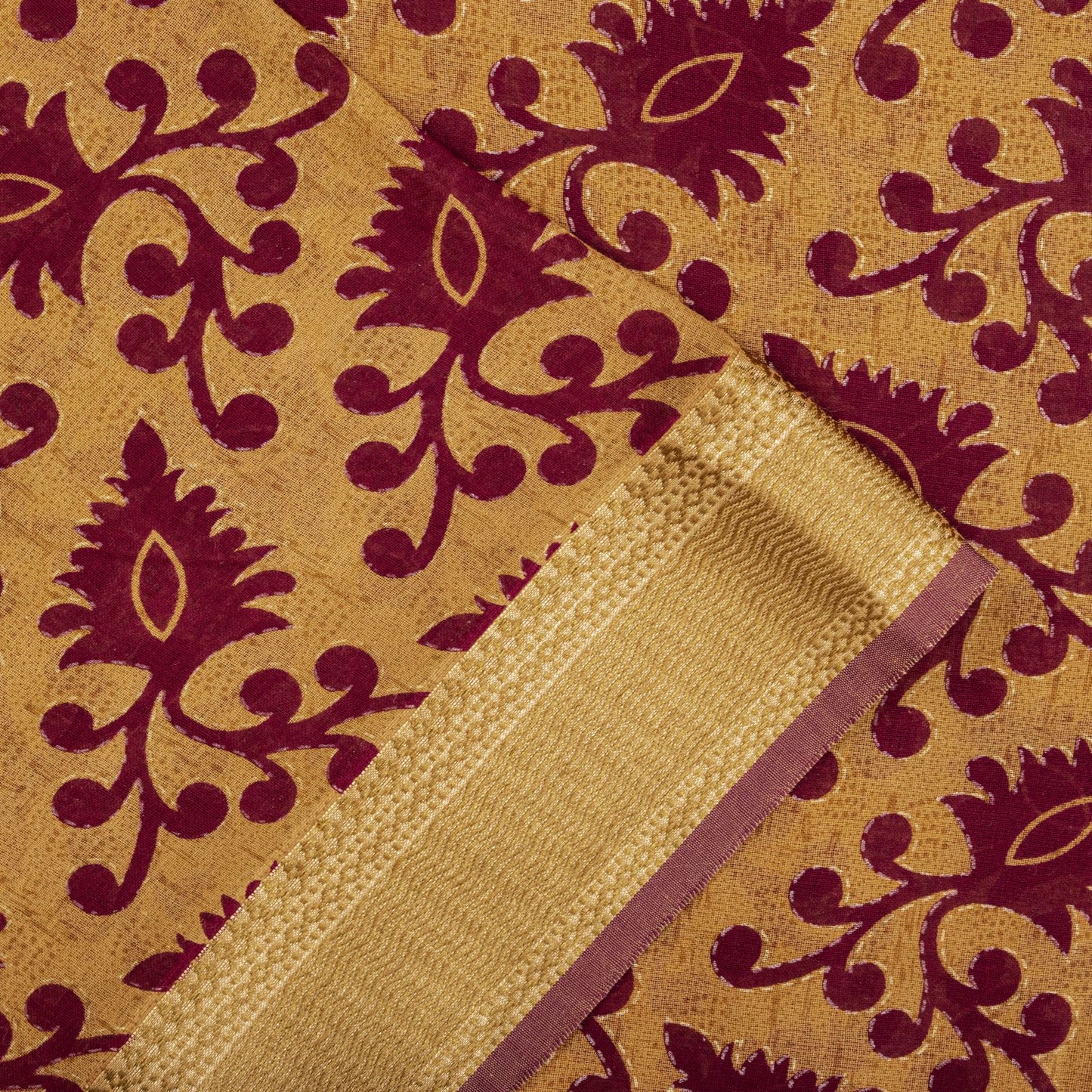 Sanskriti Vintage Saree Brown-Wine Pure Cotton Ikat Kantha Printed Sari Fabric