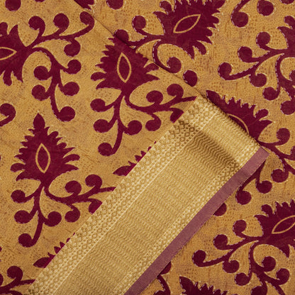 Sanskriti Vintage Saree Brown-Wine Pure Cotton Ikat Kantha Printed Sari Fabric