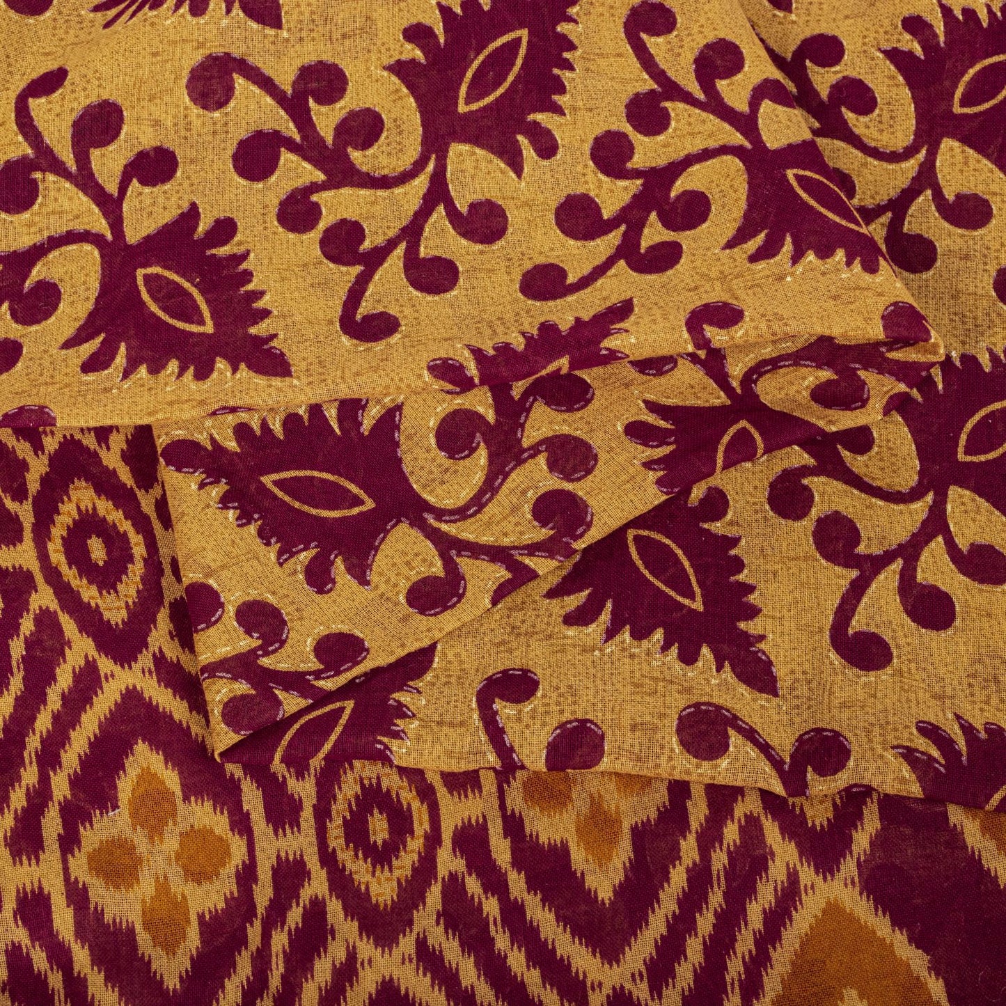 Sanskriti Vintage Saree Brown-Wine Pure Cotton Ikat Kantha Printed Sari Fabric