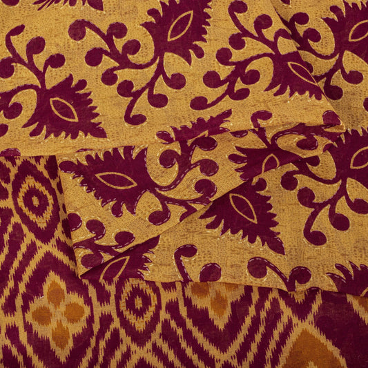 Sanskriti Vintage Saree Brown-Wine Pure Cotton Ikat Kantha Printed Sari Fabric