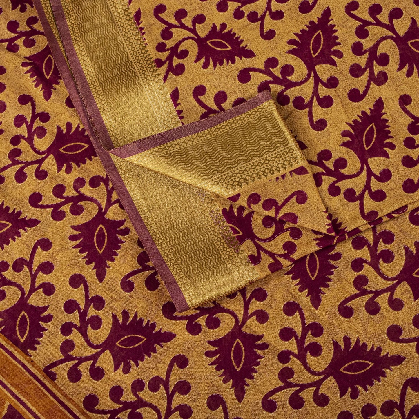 Sanskriti Vintage Saree Brown-Wine Pure Cotton Ikat Kantha Printed Sari Fabric