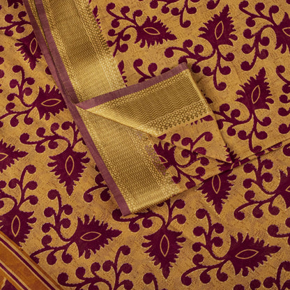 Sanskriti Vintage Saree Brown-Wine Pure Cotton Ikat Kantha Printed Sari Fabric