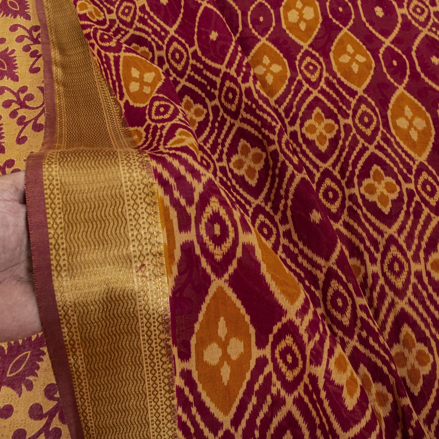 Sanskriti Vintage Saree Brown-Wine Pure Cotton Ikat Kantha Printed Sari Fabric