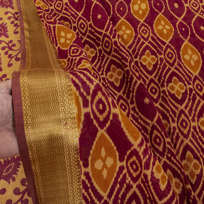 Sanskriti Vintage Saree Brown-Wine Pure Cotton Ikat Kantha Printed Sari Fabric