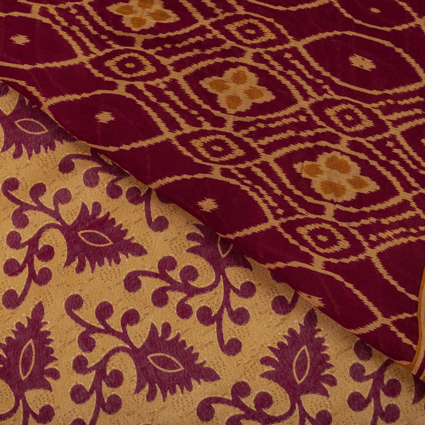 Sanskriti Vintage Saree Brown-Wine Pure Cotton Ikat Kantha Printed Sari Fabric