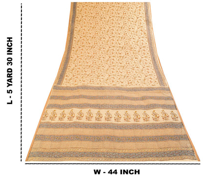 Sanskriti Vintage Saree Beige Pure Cotton Floral Printed Sari Fabric 5.5+Yard