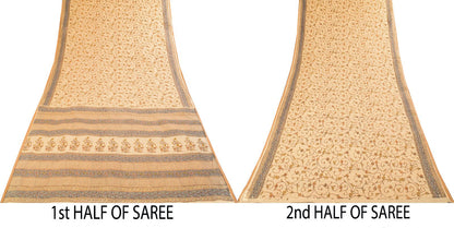 Sanskriti Vintage Saree Beige Pure Cotton Floral Printed Sari Fabric 5.5+Yard