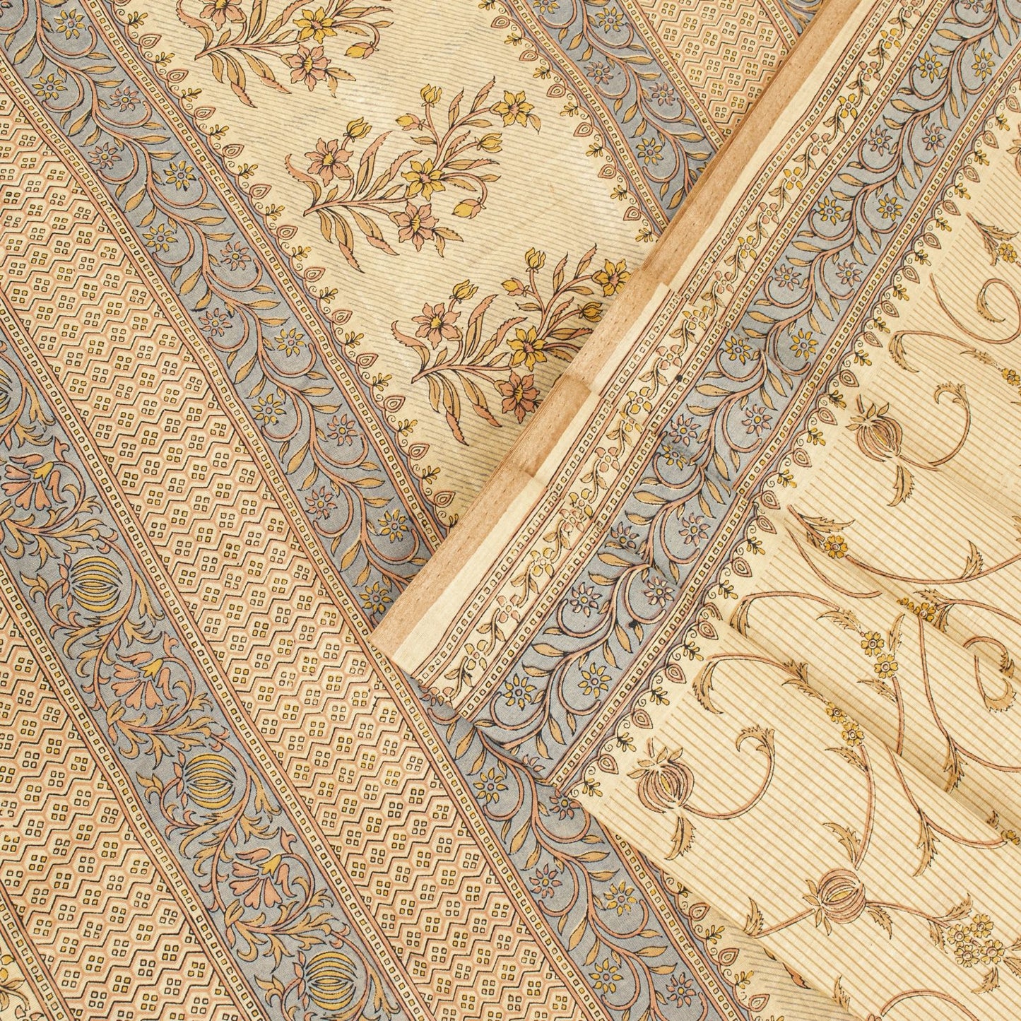 Sanskriti Vintage Saree Beige Pure Cotton Floral Printed Sari Fabric 5.5+Yard