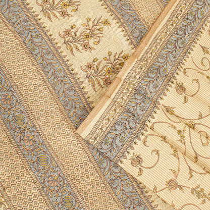 Sanskriti Vintage Saree Beige Pure Cotton Floral Printed Sari Fabric 5.5+Yard
