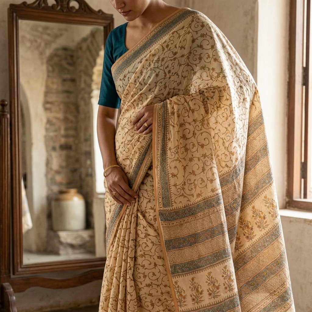 Sanskriti Vintage Saree Beige Pure Cotton Floral Printed Sari Fabric 5.5+Yard