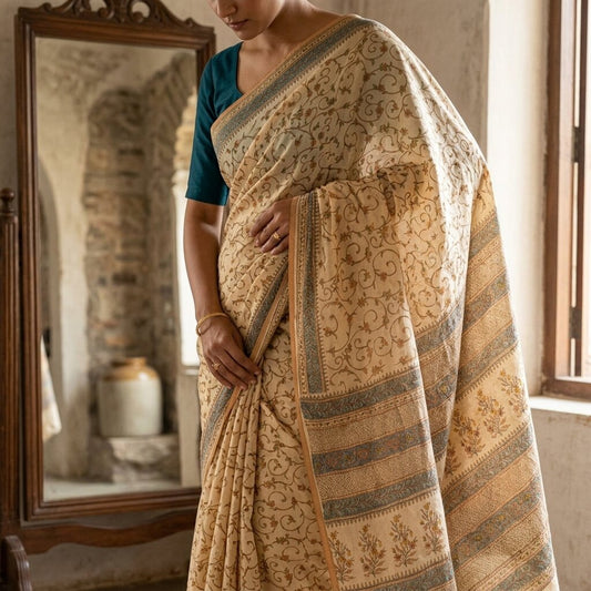 Sanskriti Vintage Saree Beige Pure Cotton Floral Printed Sari Fabric 5.5+Yard