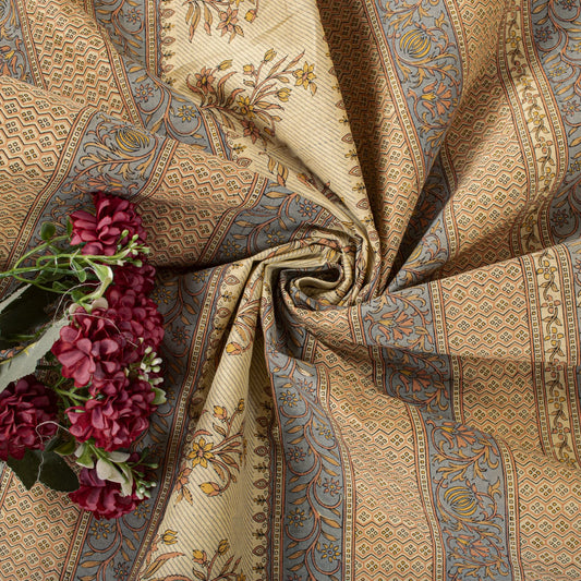 Sanskriti Vintage Saree Beige Pure Cotton Floral Printed Sari Fabric 5.5+Yard