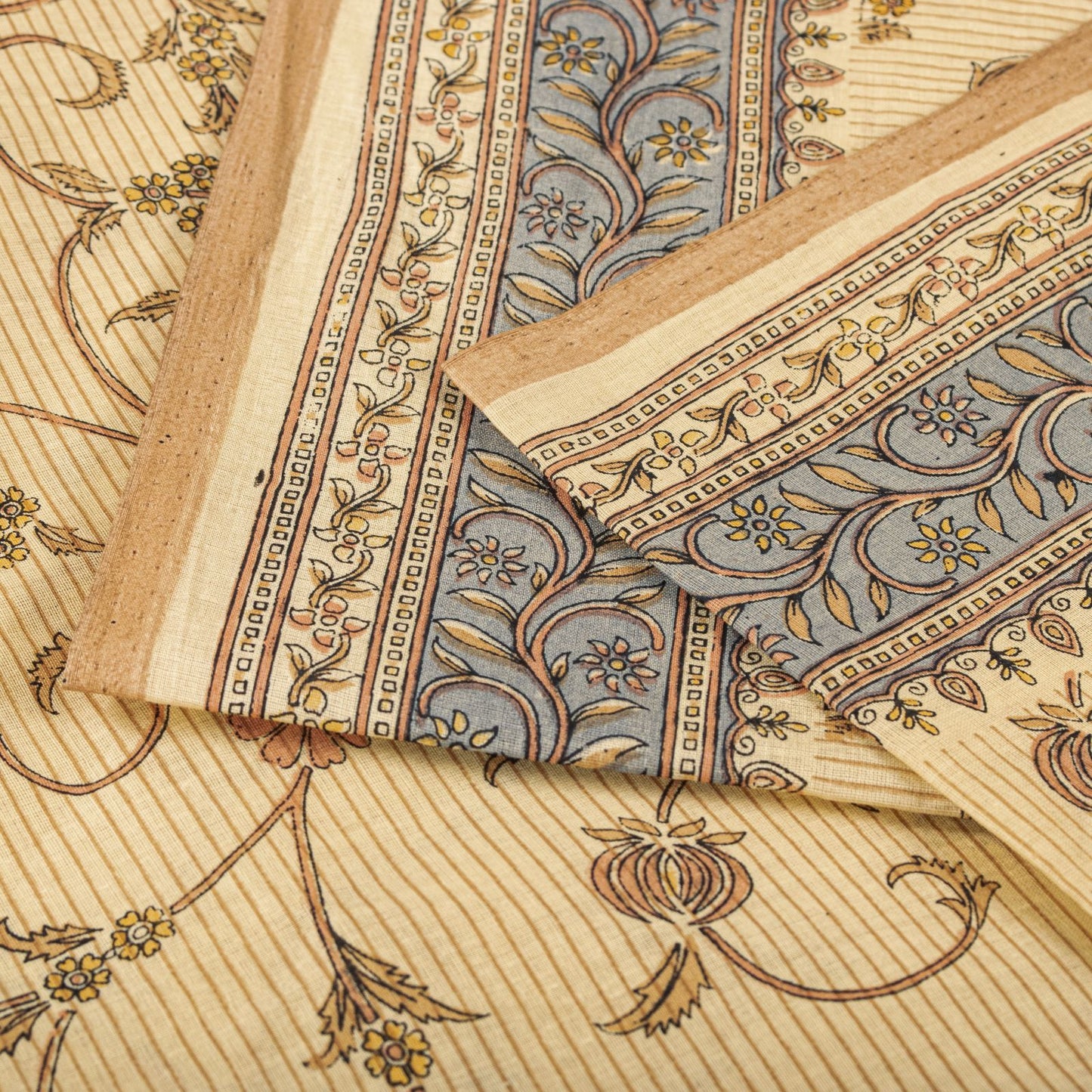 Sanskriti Vintage Saree Beige Pure Cotton Floral Printed Sari Fabric 5.5+Yard